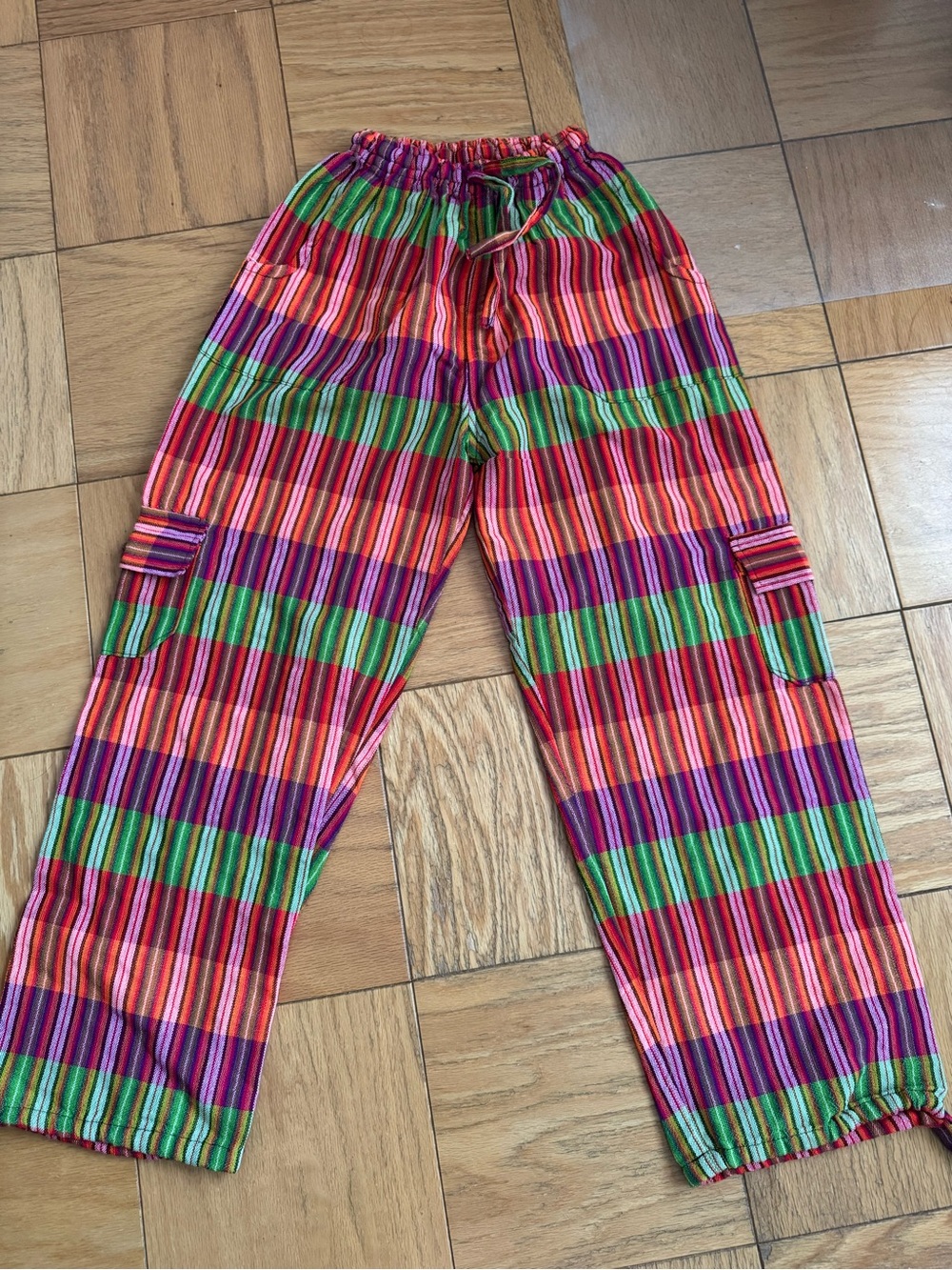 Colorful Striped Cargo Pants — Bright Pink, Green & Purple